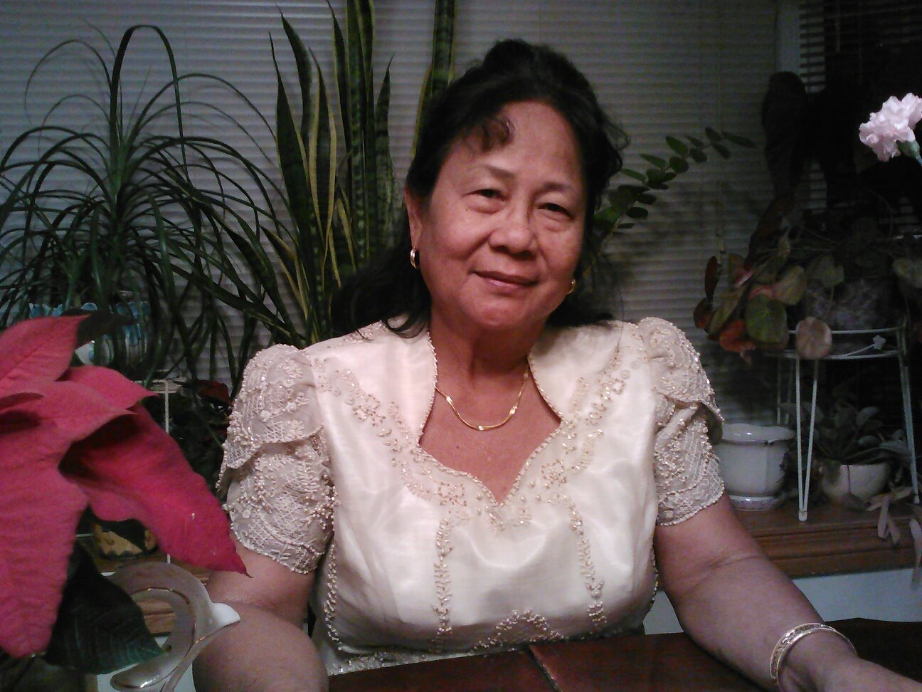  Photo in front plants, with a light brown female in a white sequenced dress.